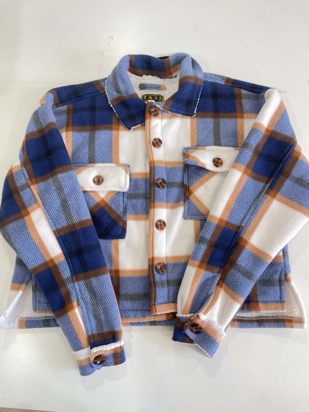 TAXI Plaid Sherpa Lined Shacket Jacket Size S Blue White Brown
